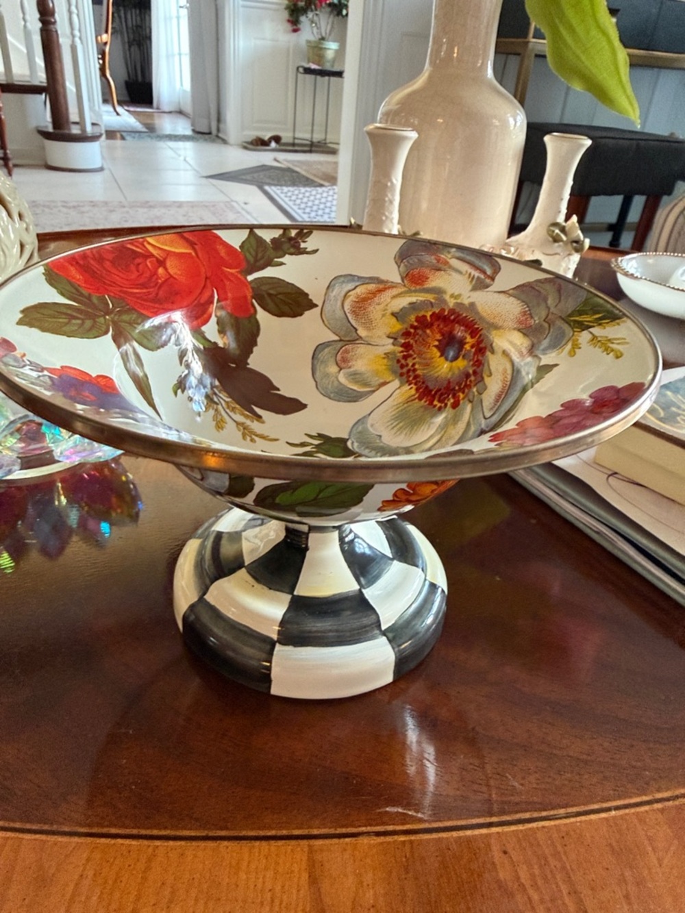 MacKenzie Childs Courtly check 7” pedestal Bowl with Gorg floral design aprx 10”